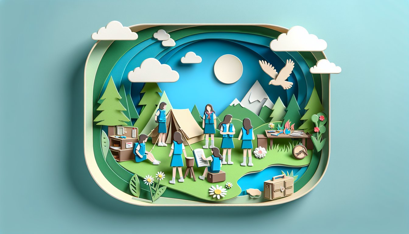 Paper art illustration for a Girl Scout knowledge trivia quiz on a sky blue background
