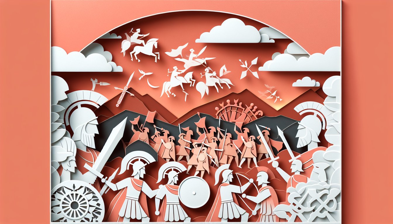 Paper art style depiction of Greek hoplites and Persian warriors on coral background for a Persian Wars quiz