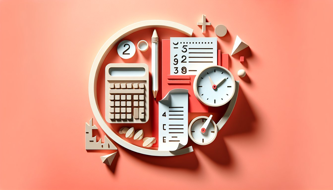 Paper art style illustration showing numbers and symbols for rounding and estimation quiz on coral background