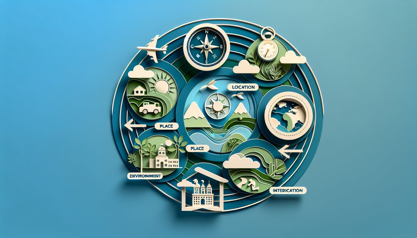 Paper art illustration for geography quiz on five themes on a teal background