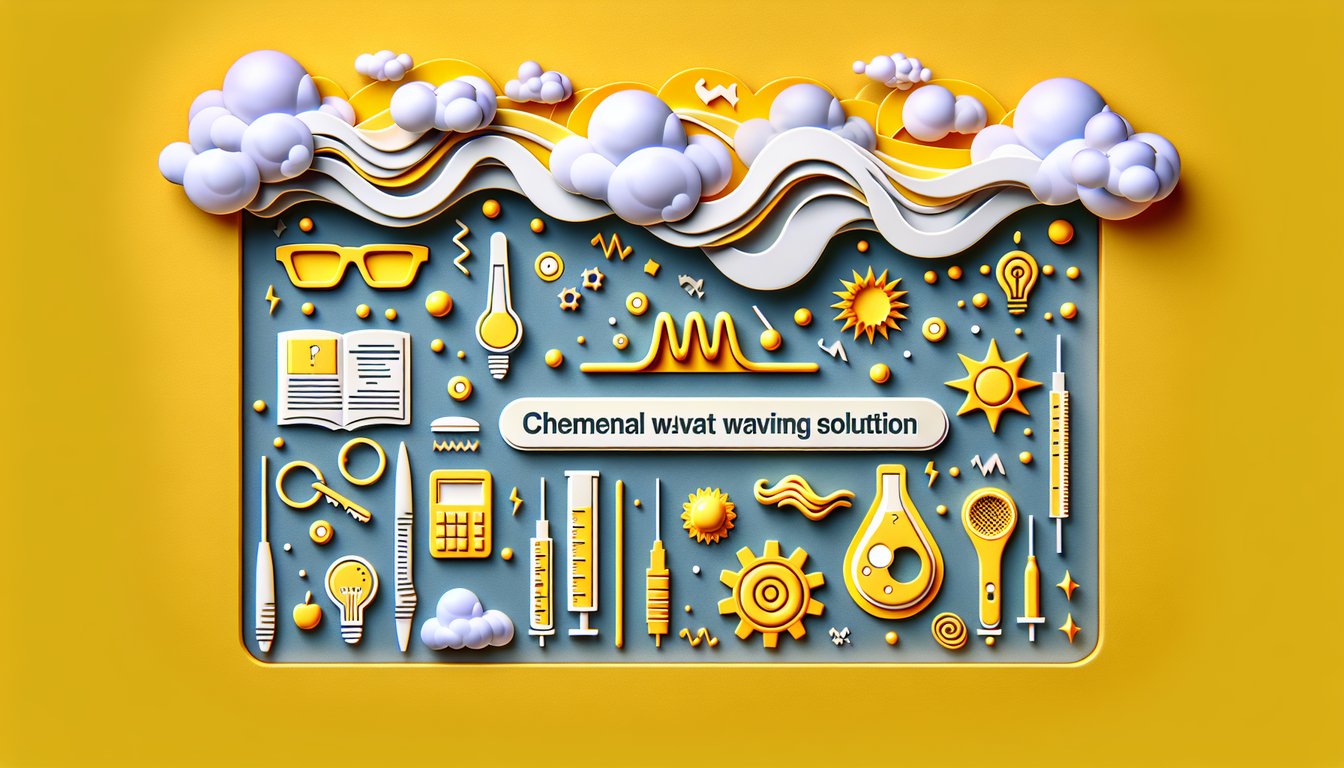 Paper art perm wave quiz title with curling rods combs solution bottles on golden yellow background