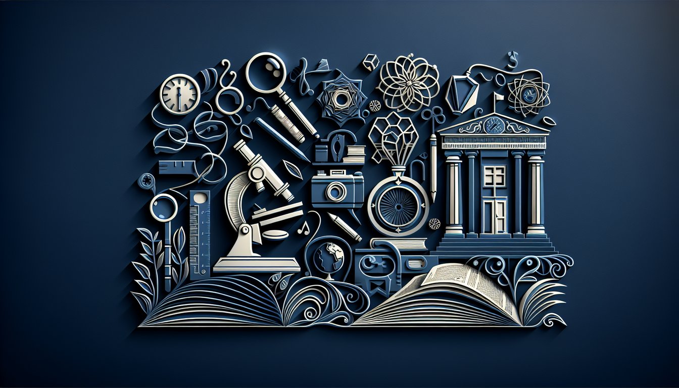 Paper art style books pencils rulers math science icons floating on dark blue background for seventh grade all subject quiz