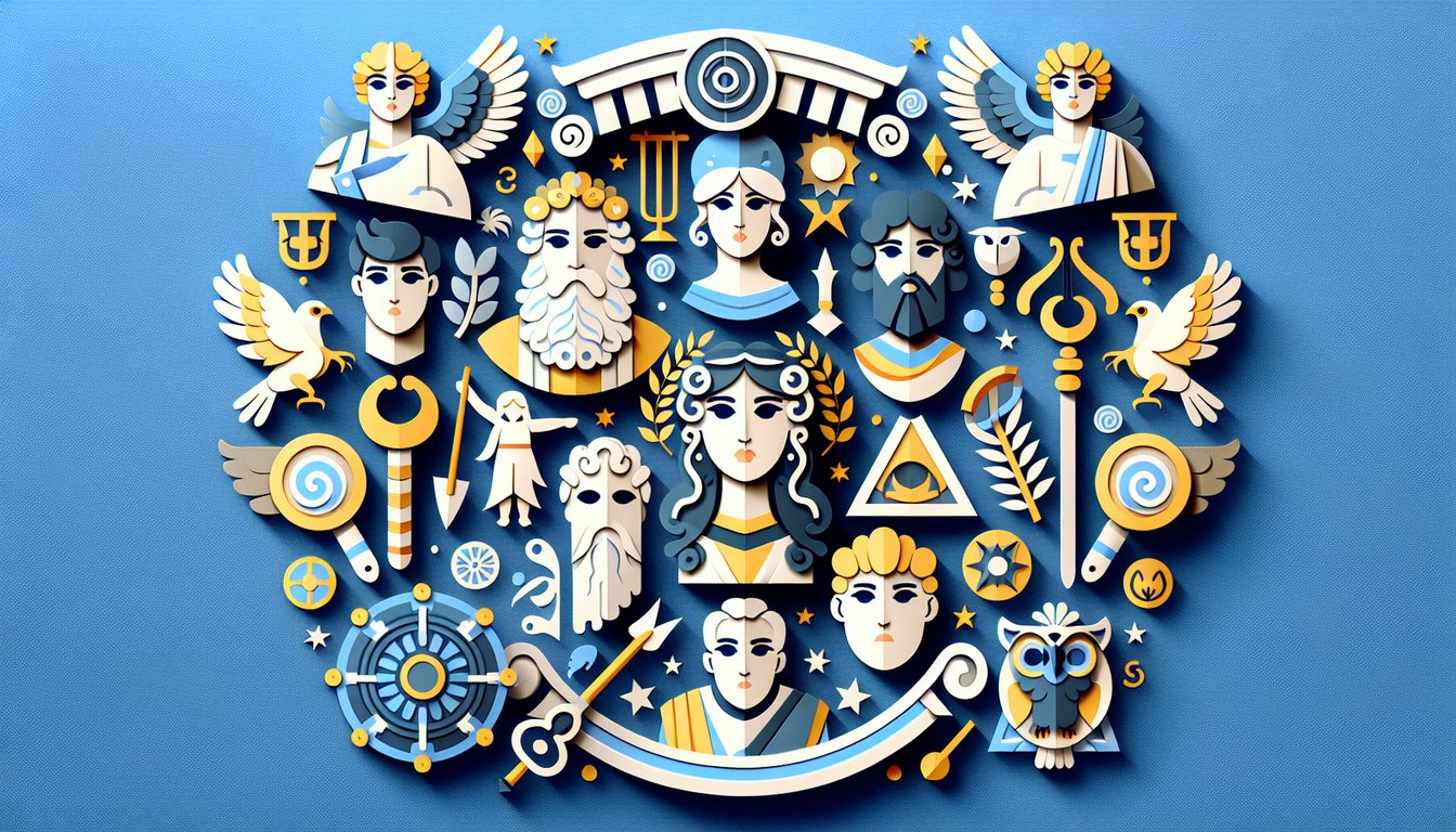 Paper art illustration for Greek mythology personality quiz on sky blue background