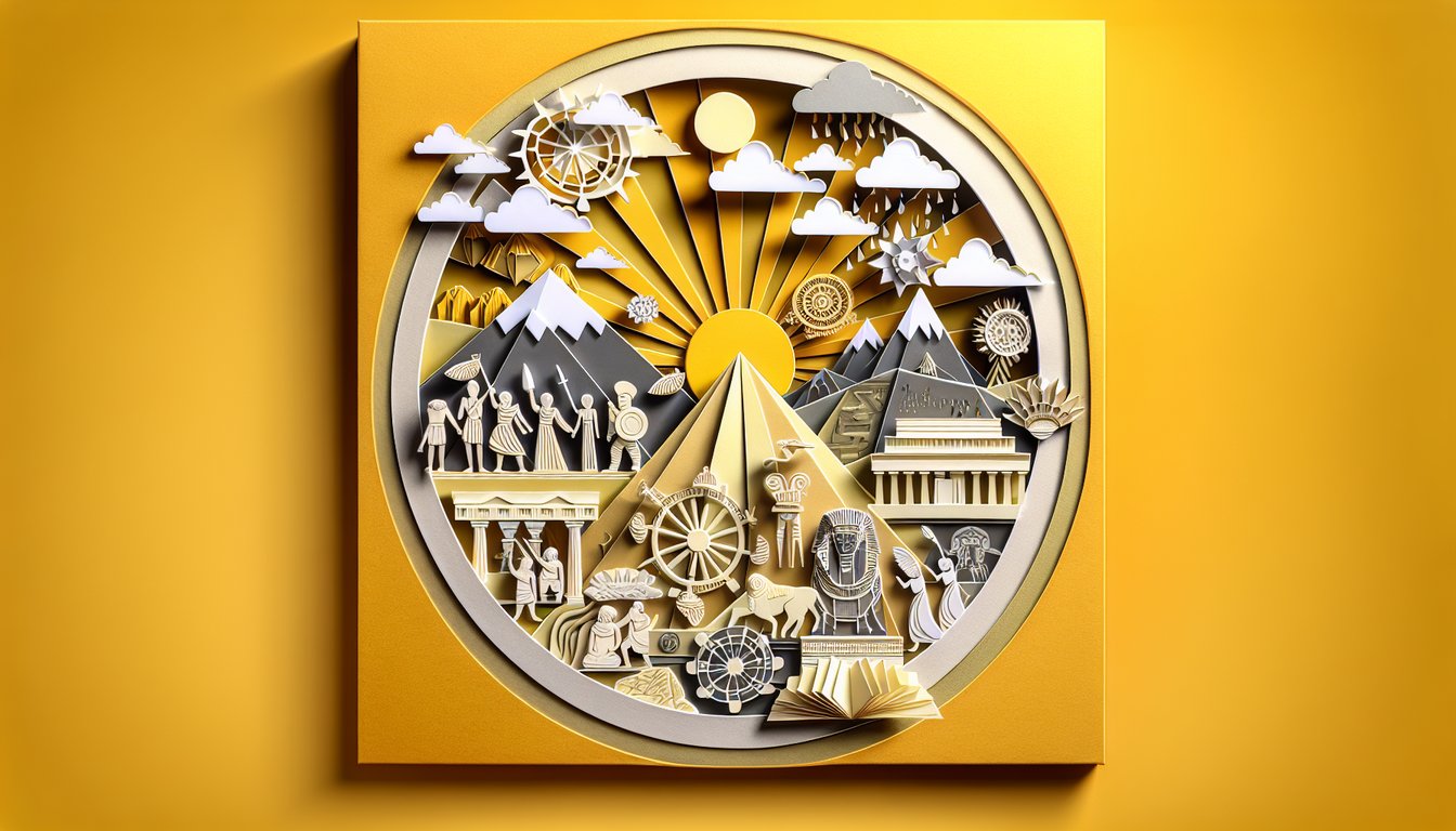 Paper art illustration for 7th grade history quiz on golden yellow background