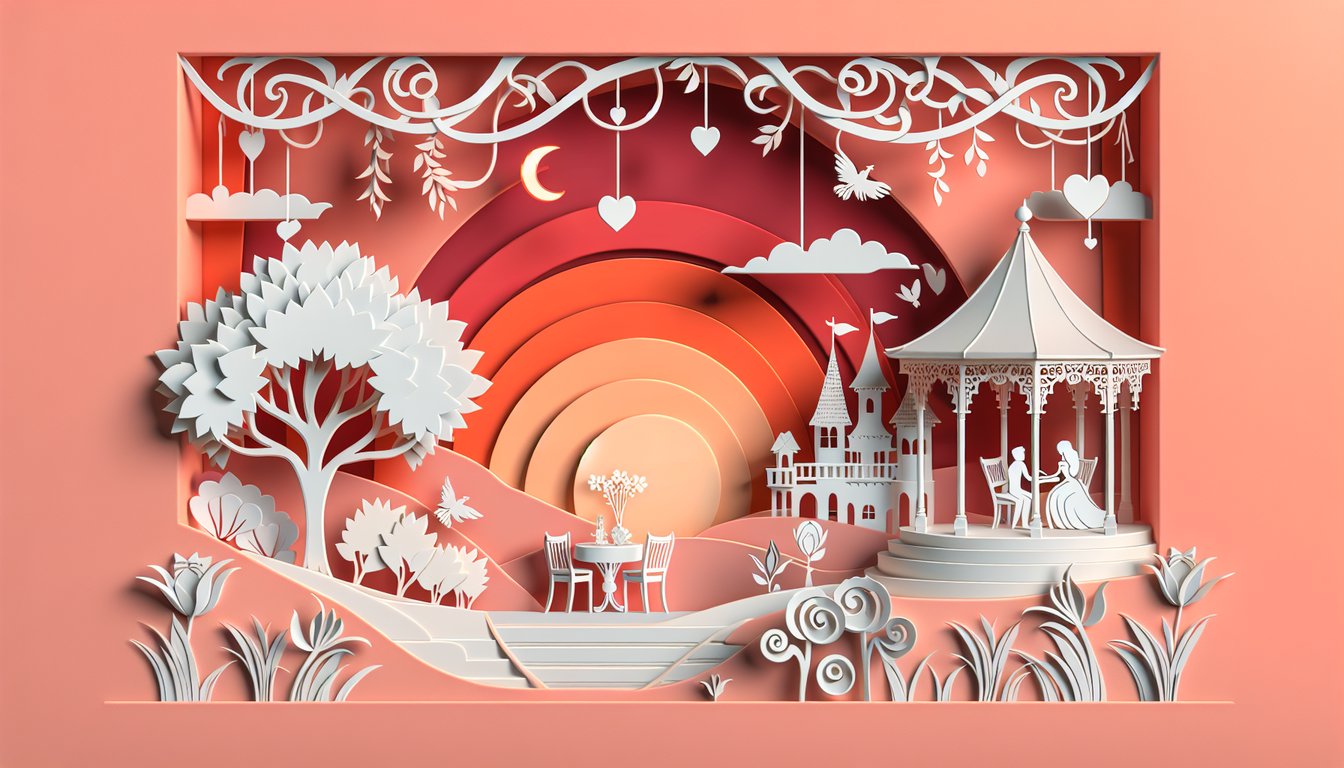 Paper art illustration of two stylized characters facing each other surrounded by hearts and film reel on coral background