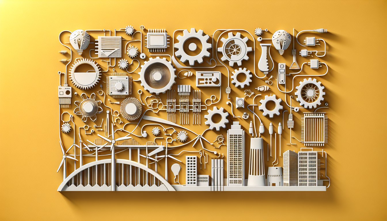 Paper art illustration promoting engineering field quiz on a golden yellow background