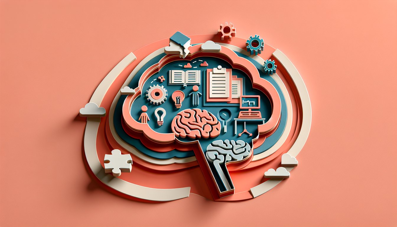 Paper art layers of open book pencil speech bubbles on coral background for participle vs gerund quiz challenge