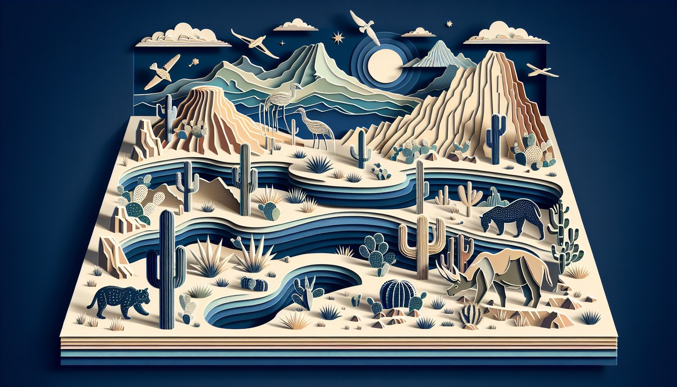 Paper art illustration for desert trivia quiz on a dark blue background
