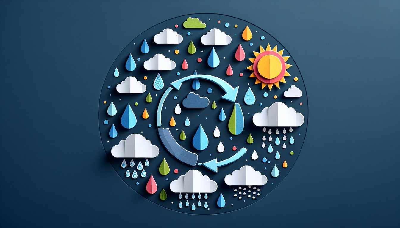 Paper art illustrating a trivia quiz on the water cycle for middle school science students.