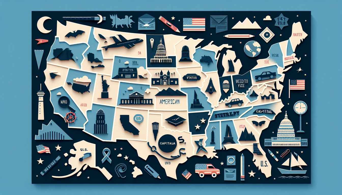 Colorful paper art promoting The Fifty States Challenge, a U.S. geography quiz for students.