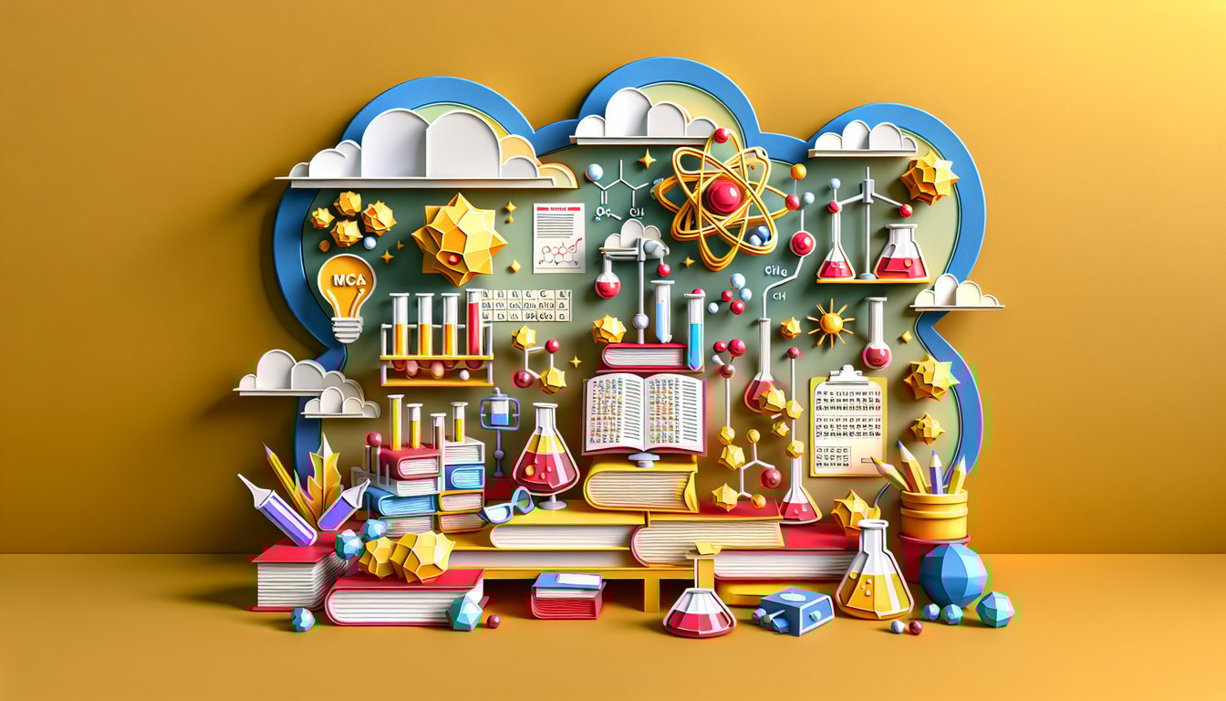 Paper art illustration showing beakers, molecules and test tubes on golden yellow background for MCAS chemistry quiz