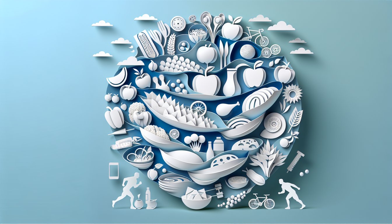 Paper art illustration for quiz on estimating daily calorie intake on a sky blue background