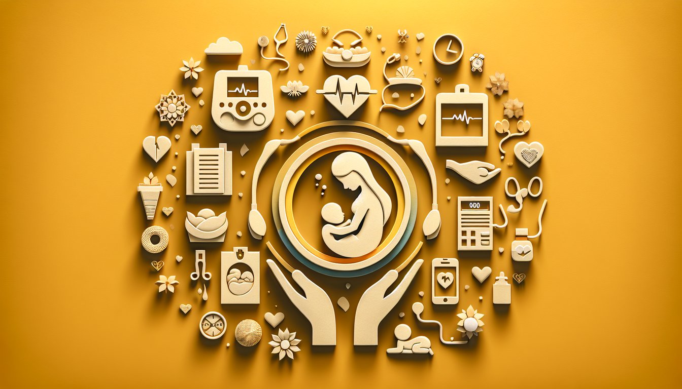 paper art illustration maternal child nursing quiz postpartum prenatal neonatal nursing on golden yellow background