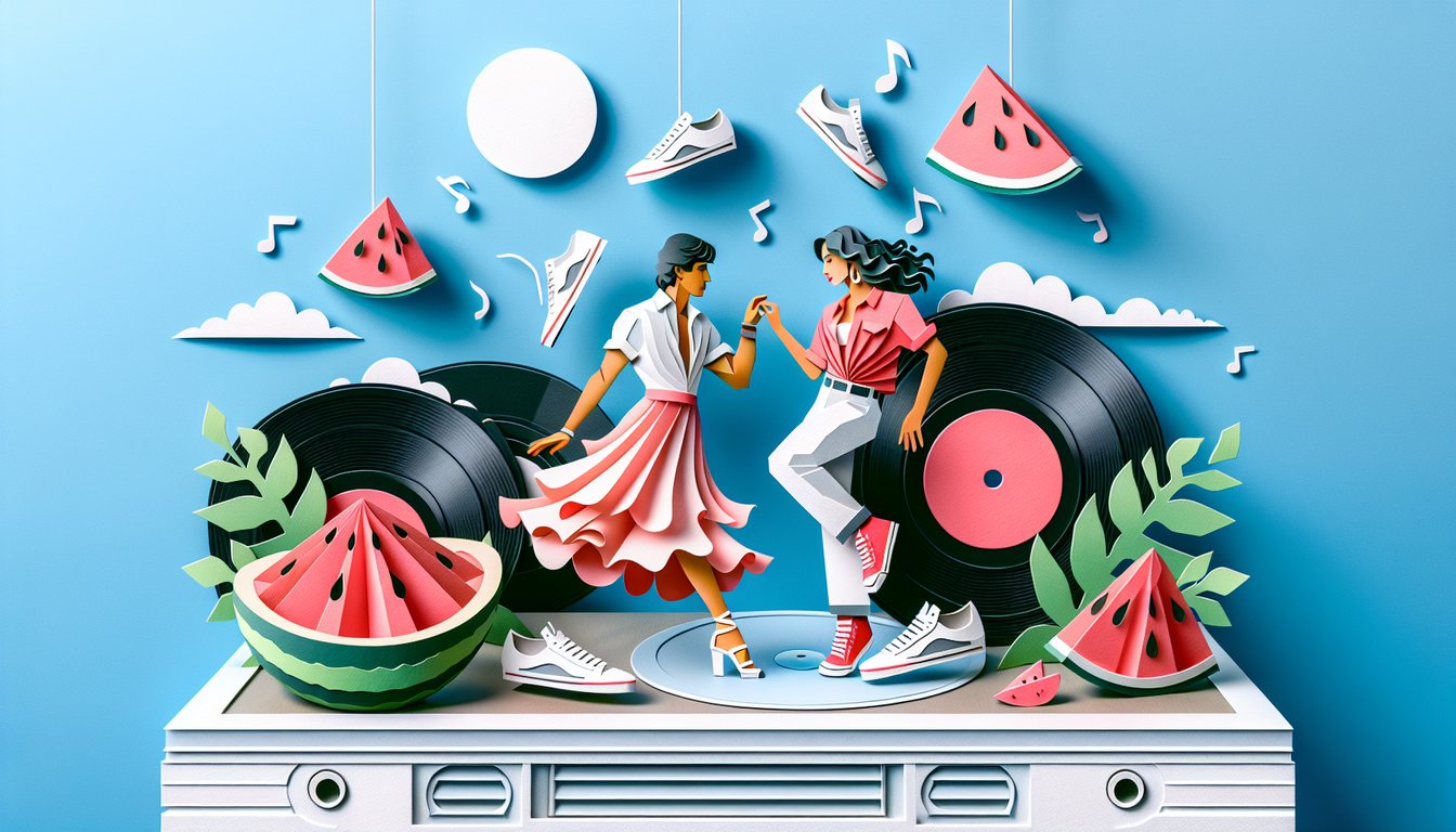 Paper art illustration for Dirty Dancing trivia quiz on a sky blue background
