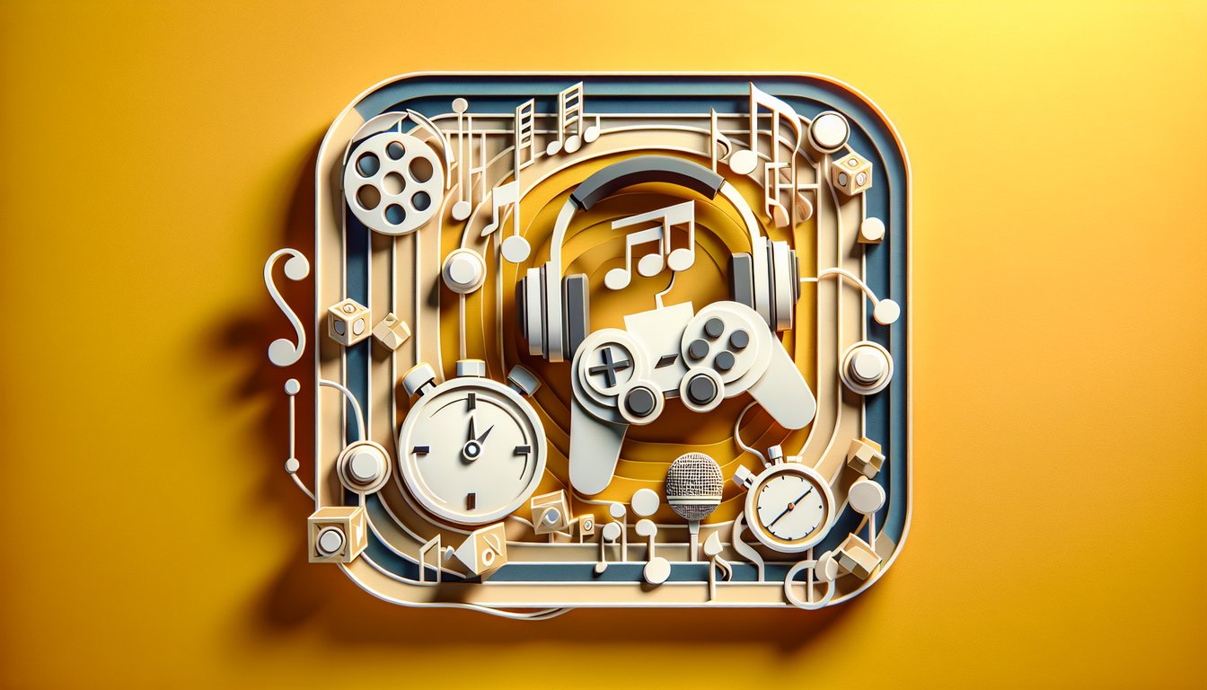 Paper art style music note and rhythm game circle layered over a golden yellow background with quiz themed accents