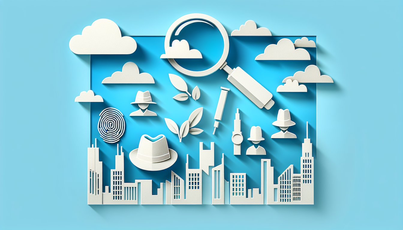 Paper cut detective badge magnifying glass police cap set on sky blue background for Chicago PD quiz