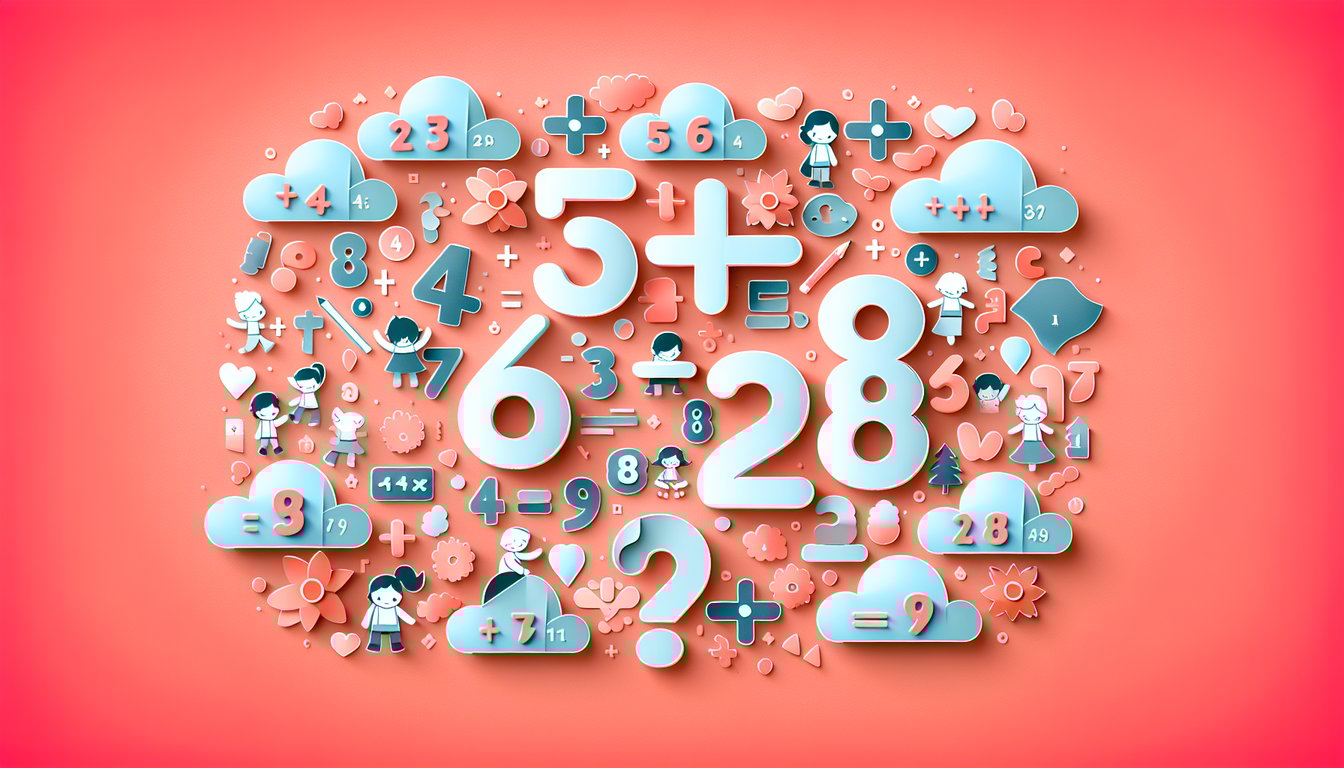 paper art style numbers and math symbols on coral background promoting free second grade addition and subtraction quiz
