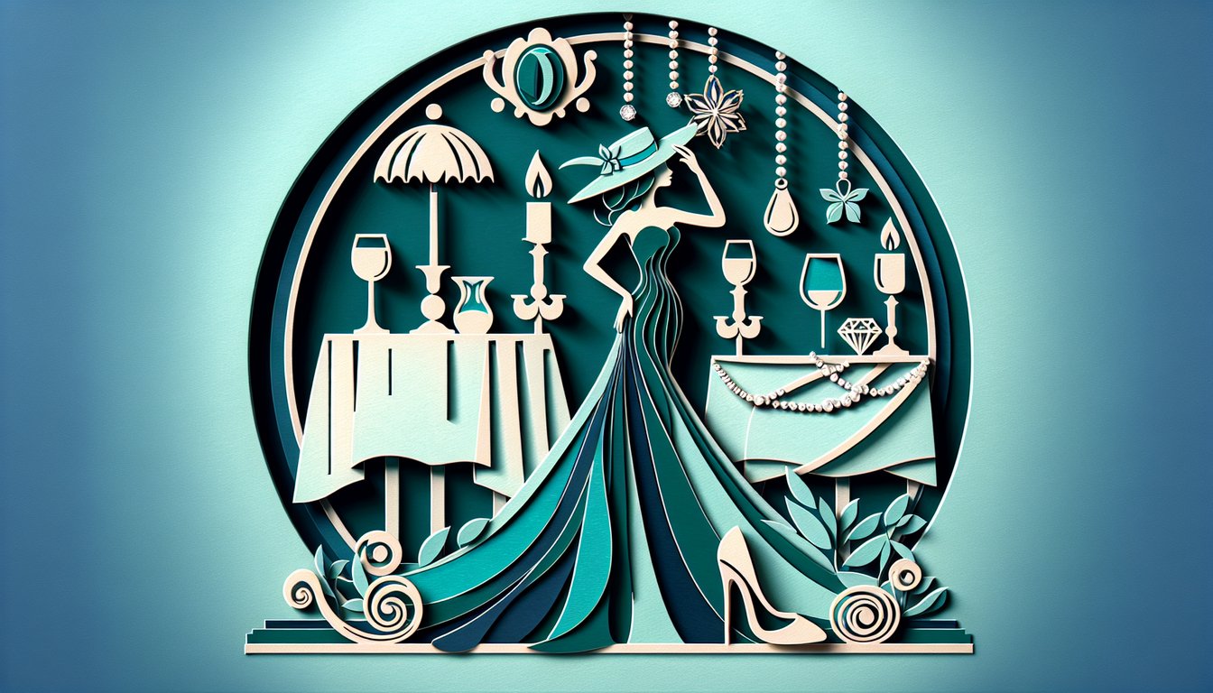 Paper art illustration of elegant woman surrounded by trophy icons chat bubbles and sparkling accents on teal background.