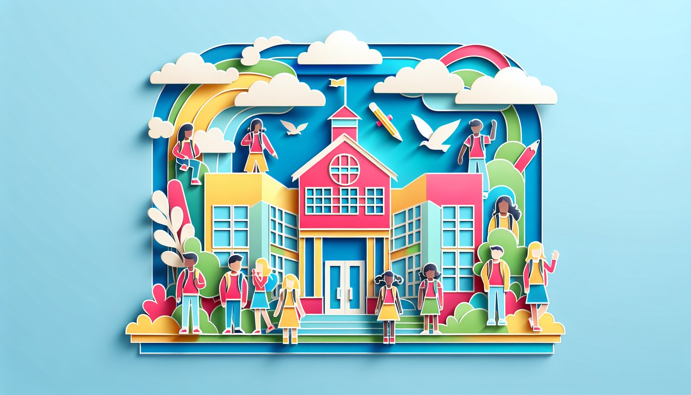 Paper art quiz illustration showing nervous middle school student on steps with question marks on sky blue background