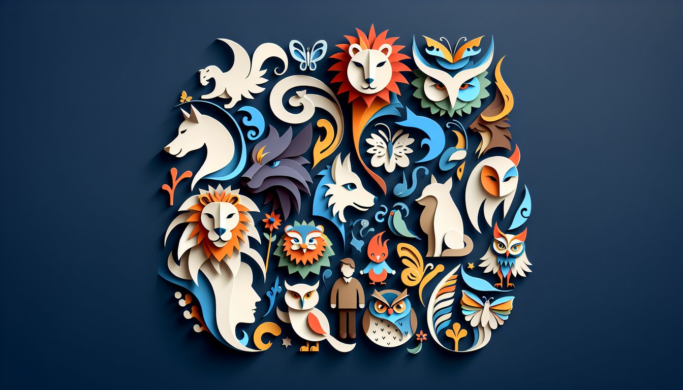Paper art cutouts of cartoon characters question marks confetti on dark blue background for an animated alter ego quiz