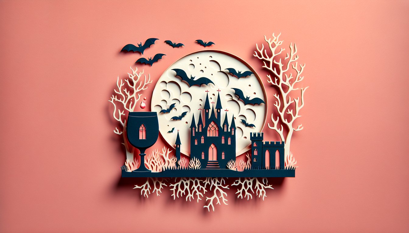 Paper art illustration for Interview with the Vampire personality quiz on a coral background
