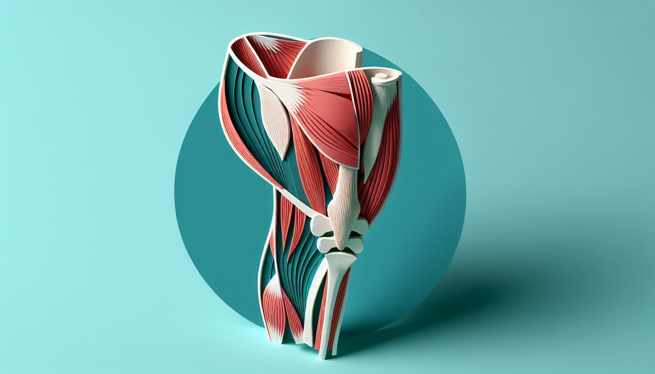 Paper art illustration of posterior leg muscles in layered cutaway on teal background for origins and insertions quiz