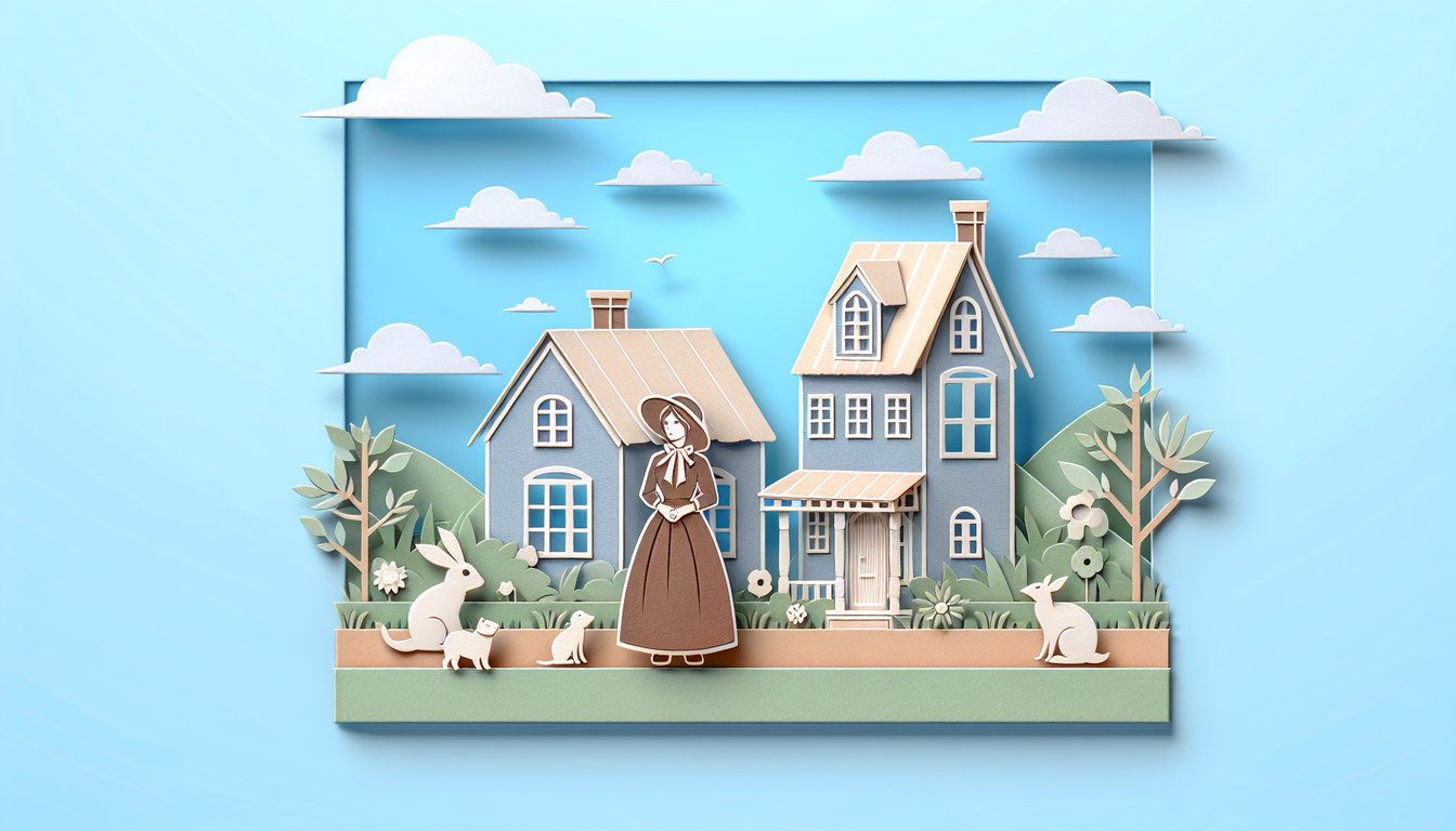 Paper art shows landlady in vintage dress with a puzzled guest and small unusual animals on sky blue.