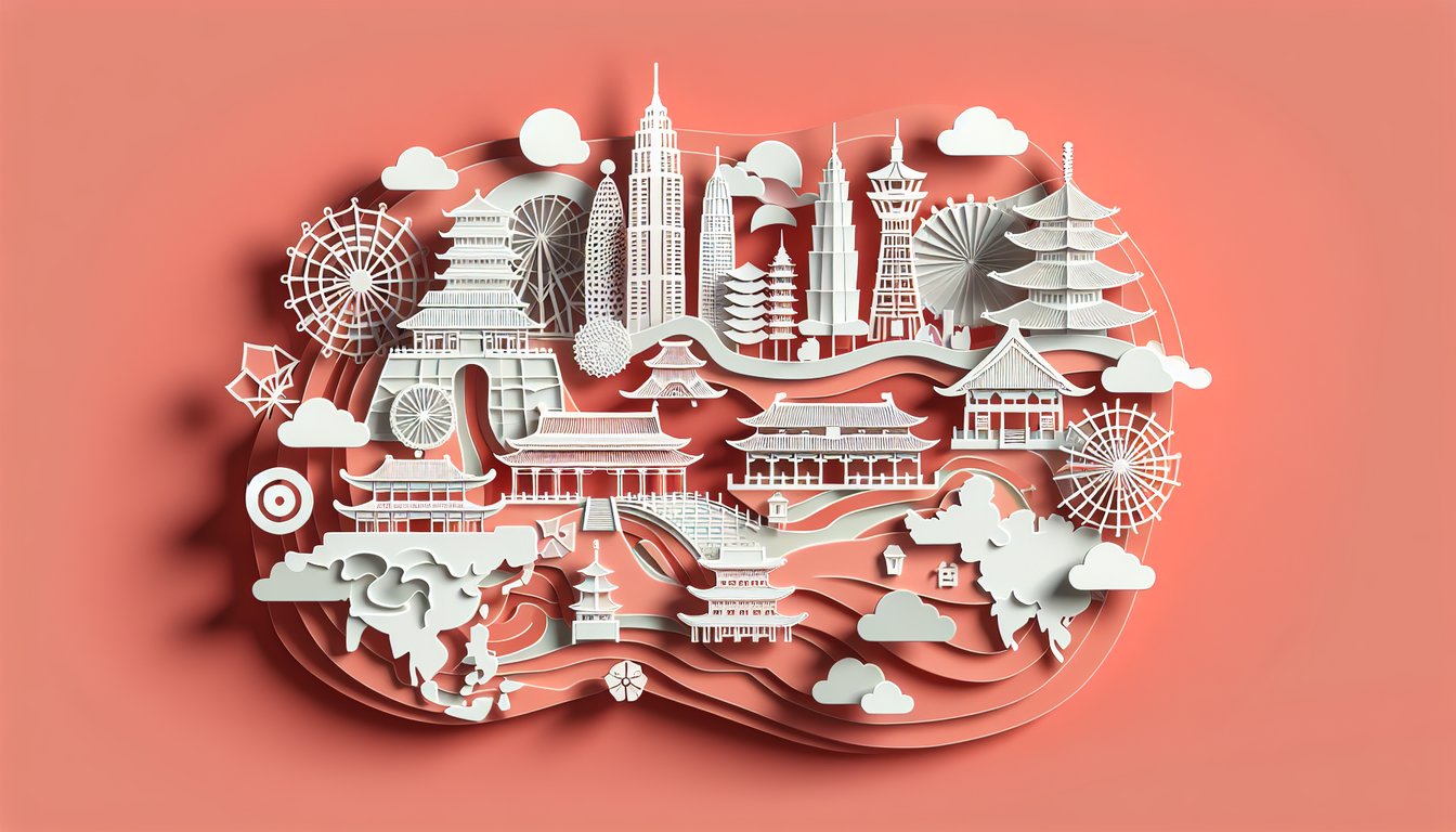 Paper art East Asia map with icons marking capitals and landmarks on coral background for quiz