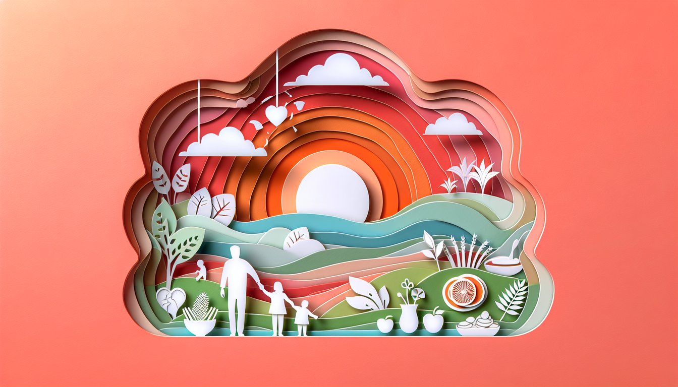 Paper art illustration for Am I Ungrateful quiz on a coral background