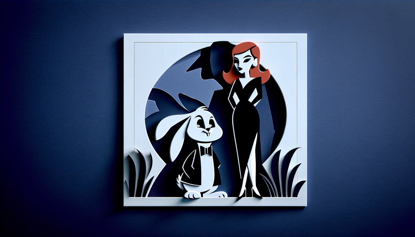 Paper art quiz for Who Framed Roger Rabbit movie trivia revealing Jessicas voice on dark blue background