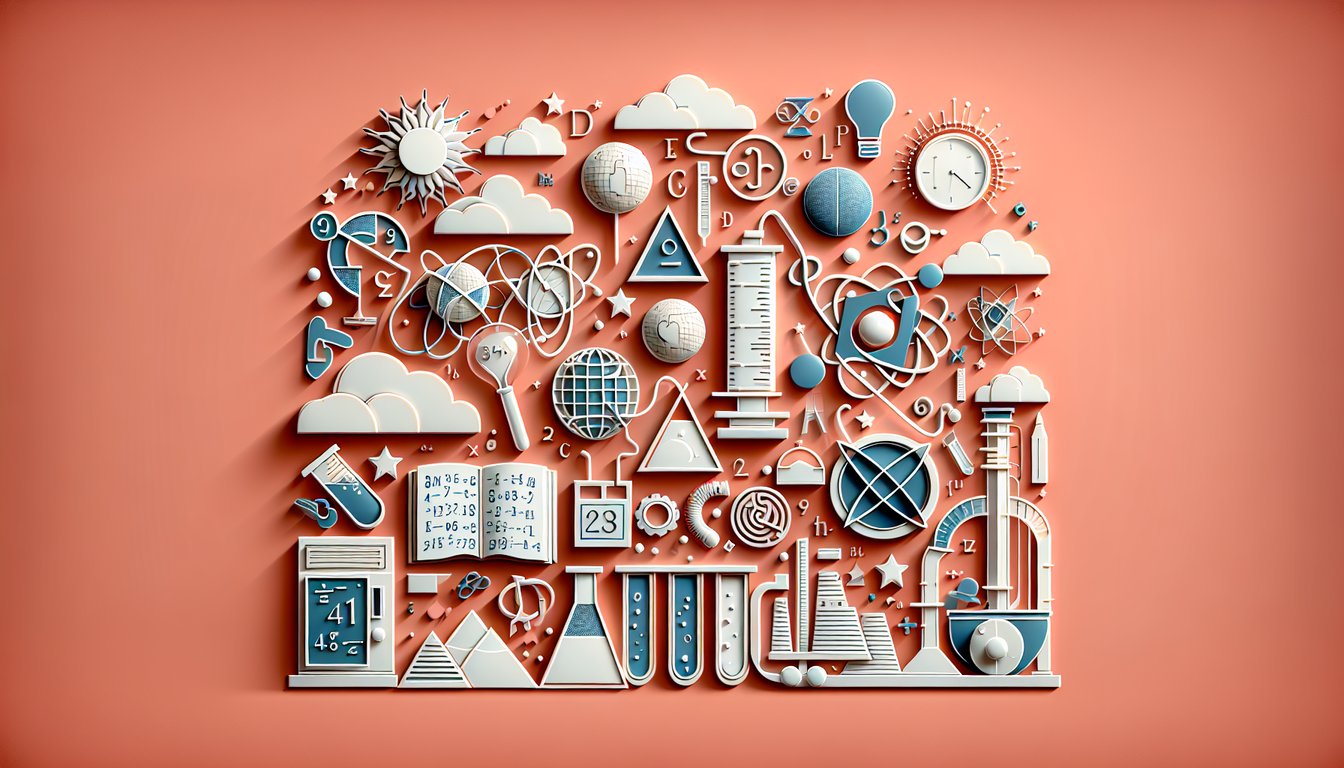 Paper art illustration for a quiz challenging knowledge in math, science, history on a coral background.