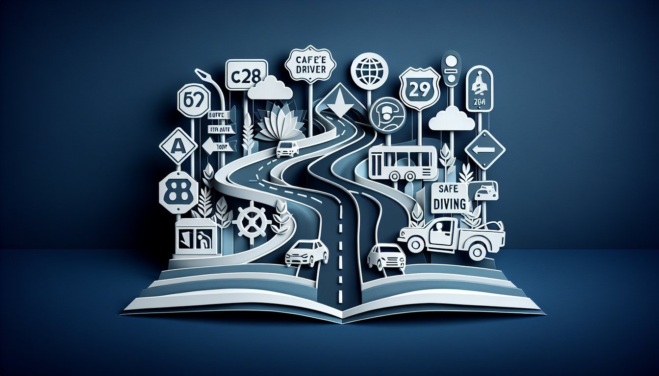 Paper art style illustration with quiz text on dark blue background featuring road signs steering wheel traffic symbols
