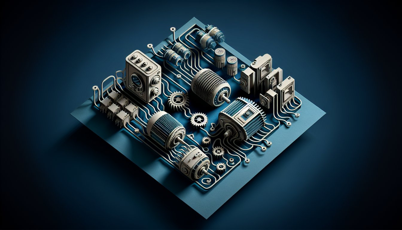 Paper art illustration of motor controller enclosure components and corrosion protection icons on dark blue backdrop
