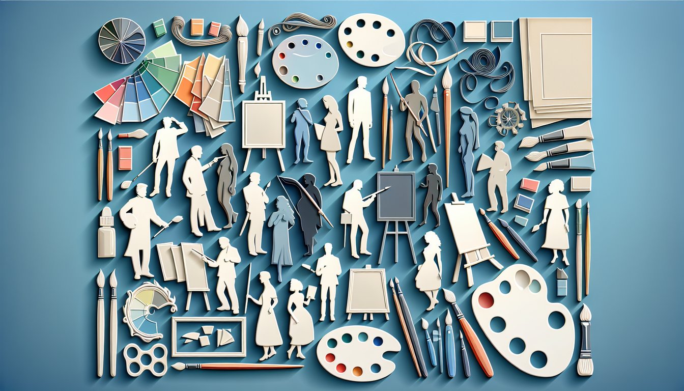 Paper art illustration showing paintbrushes palette easel and paint tubes on sky blue background for painting trivia quiz.