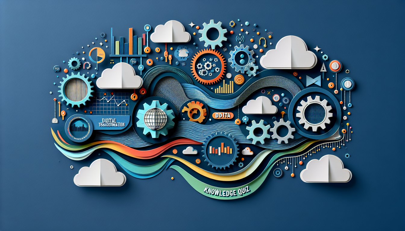 Colorful paper art depicting a digital transformation knowledge quiz.