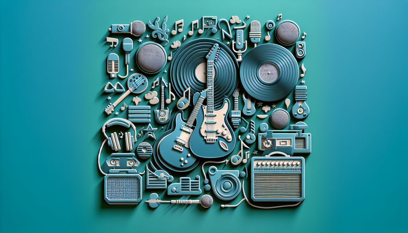 Paper art retro music quiz with cassette tape guitar vinyl record and 90s rock trivia text on teal background