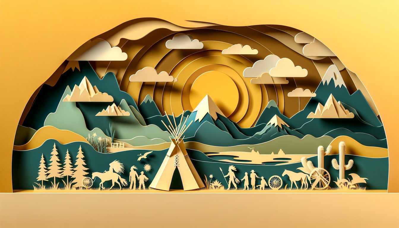 Paper art of mountains and thunder bolts on golden yellow background for quiz on Thunder Rolling in the Mountains chapters