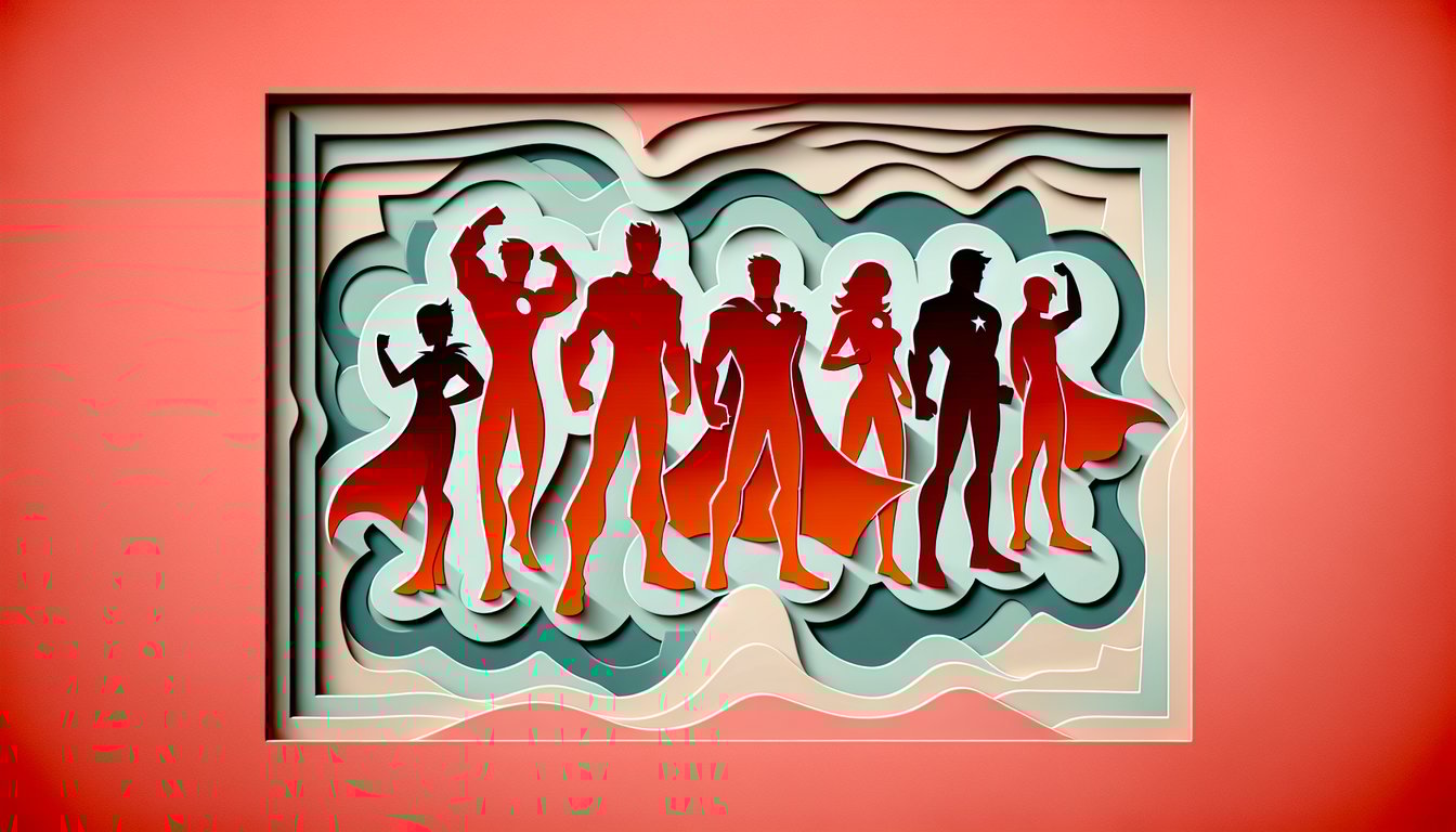 Paper art quiz header featuring colorful Power Rangers helmets on coral background