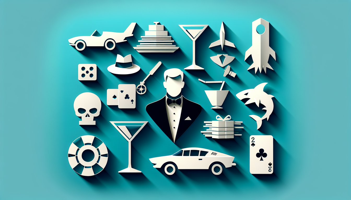 Paper art illustration for James Bond trivia quiz on teal background