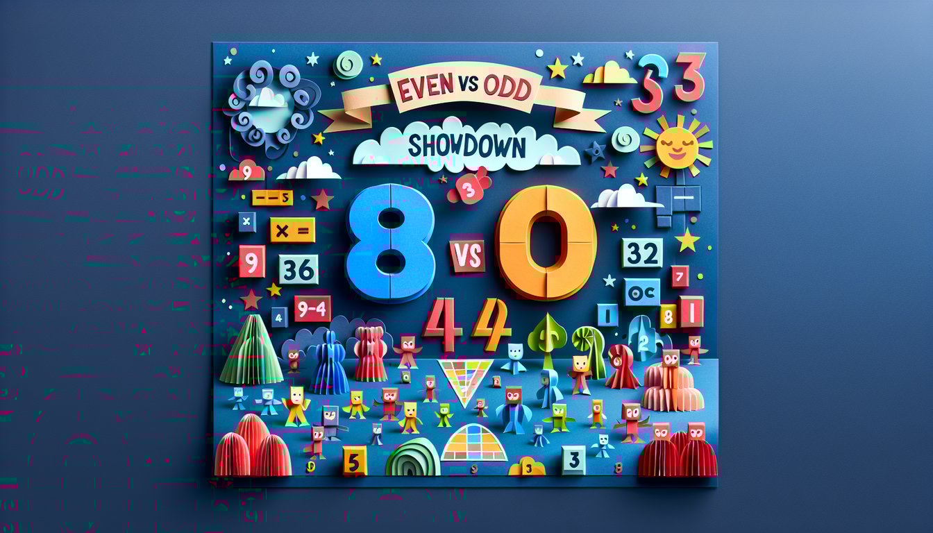 Paper art promoting Even vs Odd Showdown quiz for elementary students to learn about numbers.