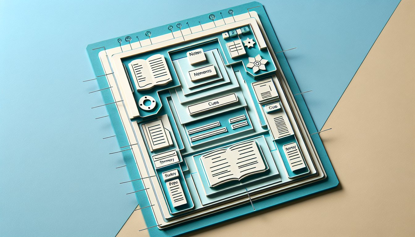 Paper art illustration of a notebook page with cue notes summary sections and a pencil on a sky blue background.