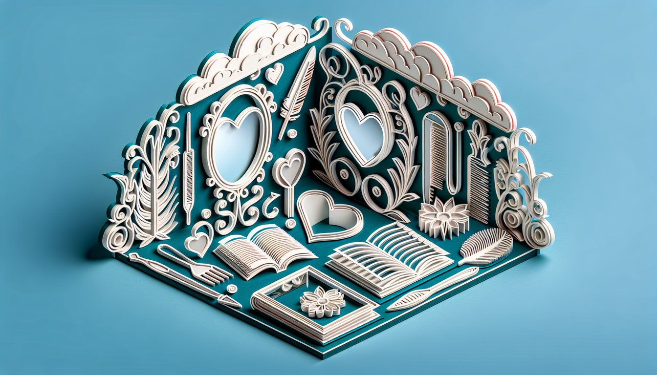 Paper art featuring speech bubbles, book, quill, magnifying glass on teal background for simile metaphor personification quiz