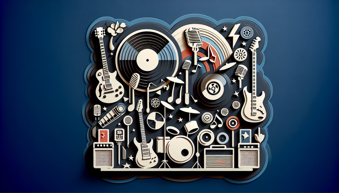 Paper art guitars and mics on dark blue background for free rock bands quiz testing knowledge of classic and modern legends