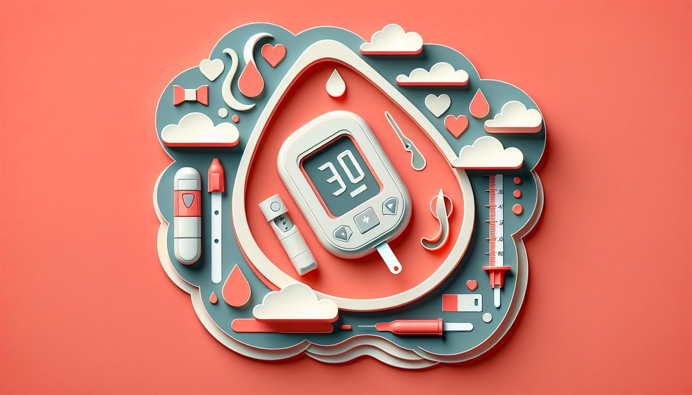 Paper art illustration of glucometer with test strip quiz icons, check marks and result graphics on coral background