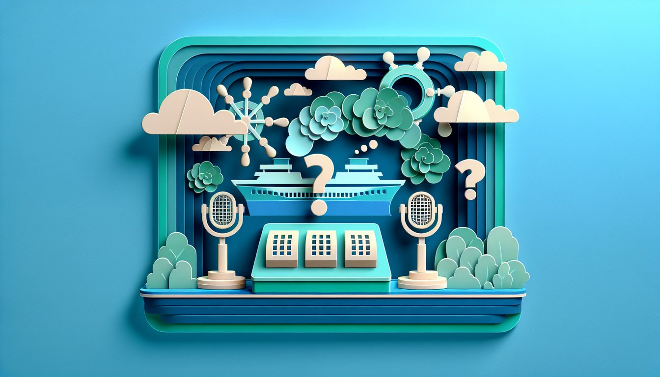 Paper art quiz scene with game show elements timer question card and ship deck icons on teal background