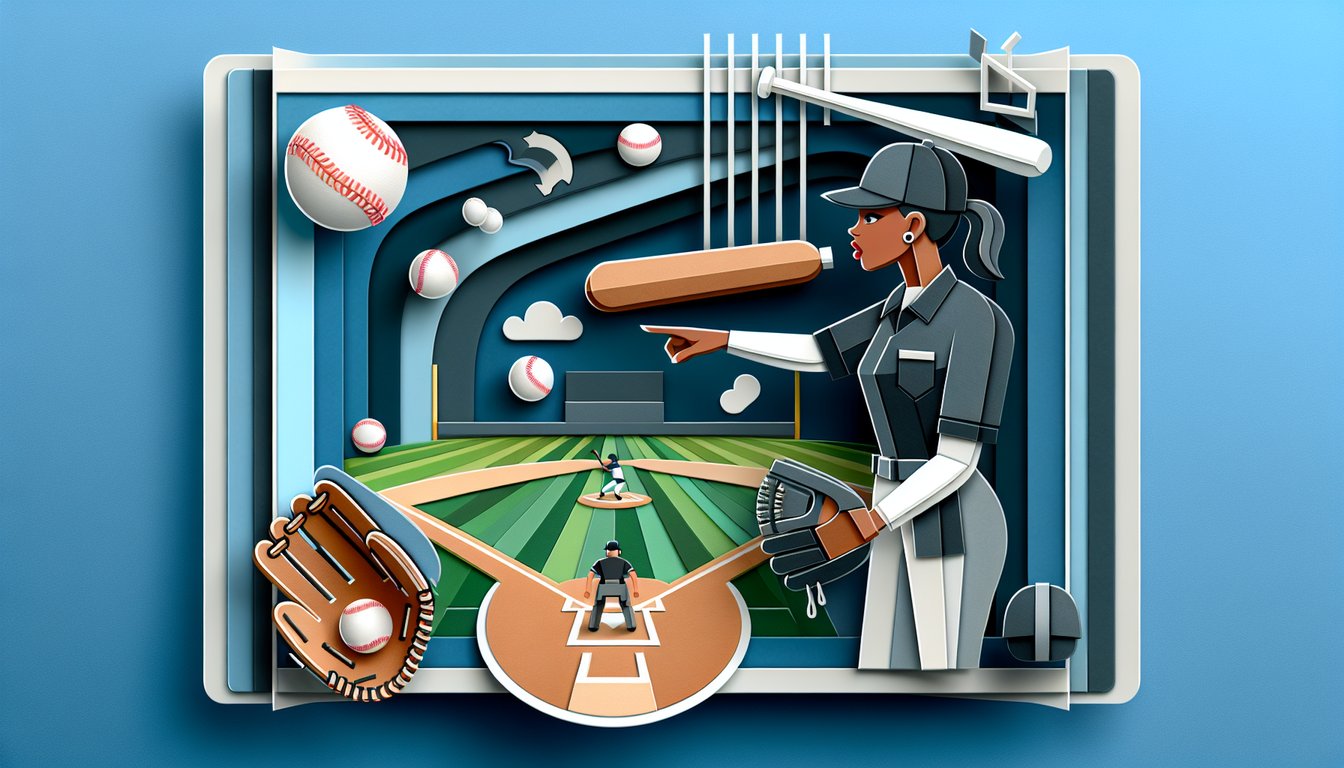 Paper art illustration for a baseball umpire quiz on a sky blue background
