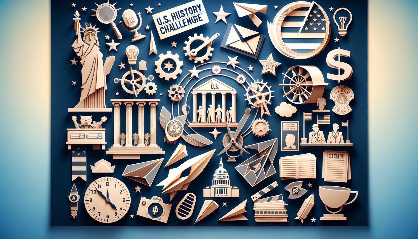 Colorful paper art promoting the AP U.S. History Challenge trivia quiz for high school students.