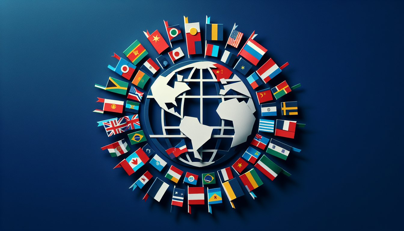 Paper art promoting Flag Frenzy, a quiz game for middle school students to match world flags.