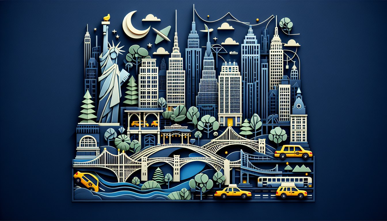 Paper art style illustration of NYC skyline on dark blue background with quiz title text and paper cut accents
