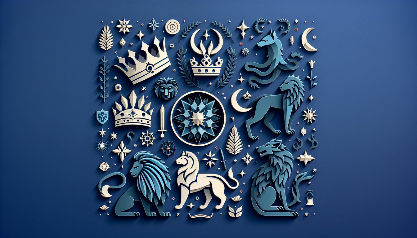 Paper art illustration of medieval crown swords banner for Game of Thrones personality quiz on dark blue background